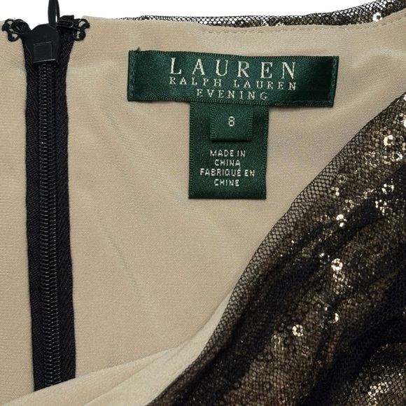 Lauren Ralph Lauren Evening Dress Size 8 Gold Sequined Black Tulle Stretch - Picture 10 of 12